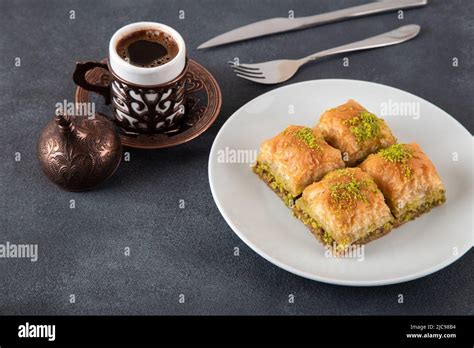 Traditional Pistachio Baklava With Turkish Coffee Stock Photo Alamy