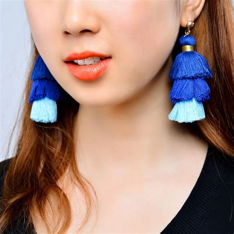 Bohemian Vintage Style Multilayer Cotton Thread Tassel Earrings For