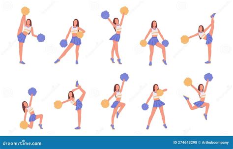 Set Of Cartoon Character Of Young Cheerleader In Action Stock Vector