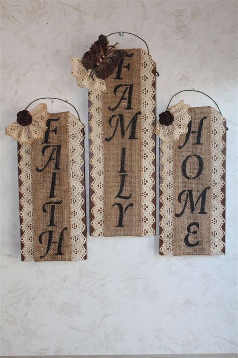 Complement your existing decor with our hanging decorative embellishments and give blank walls and high ceilings a boost of style. Burlap, Lace and Wall Decor.Set of 3...Home..Family ...