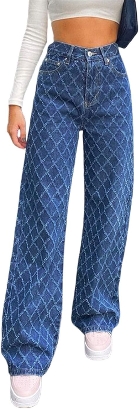 Womens High Waisted Jeans Y2k Rhomboid Pattern Print Denim Pants Straight Wide Leg E Girls