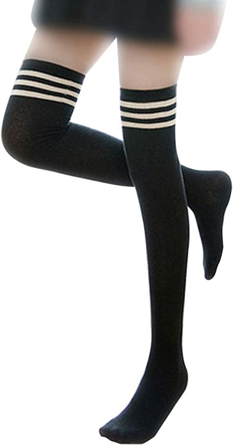 5 Pairs Thigh High Socks Striped Black White School Socks Knee High