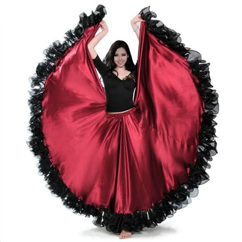 Women Spanish Flamenco Modern Dance Swing Skirt Satin Ruffle Elastic Waist Ballroom Costume 912