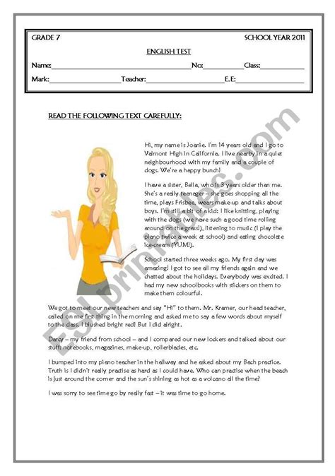 A collection of downloadable worksheets, exercises and activities to teach 7th grade, shared by english language teachers. TEST GRADE 7 - ESL worksheet by coasvaf