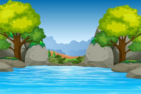 Cartoon Lake With Trees And Rocks Download Free Vectors
