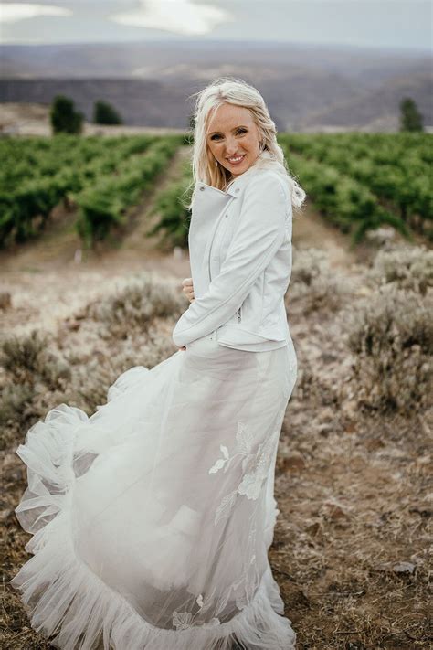 Women's white leather biker jacket, white and navy horizontal striped dress shirt, navy pleated silk midi skirt, brown leather pumps. Dare Not to Bare: Brides in Leather Jackets | One Fab Day ...