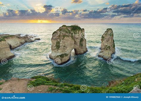 Pigeon Rock At Sunset Famous Geological Formation In Raouche Beirut