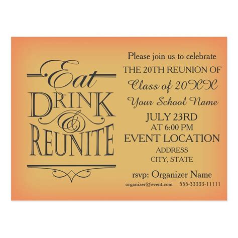 An Orange And Black Eat Drink And Reunie Party Card