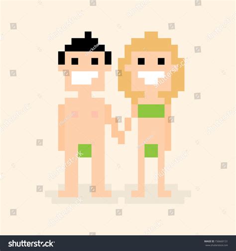 Pixel Art Nude Man And Woman Holding Their Hands And Smiling Stock My