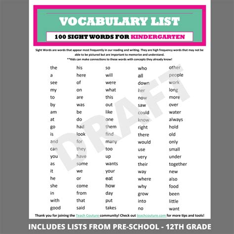 Vocabulary List by Grade Level Teach Couture