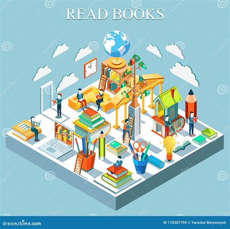 The Concept Of Learning And Reading Books Isometric Flat Design Stock