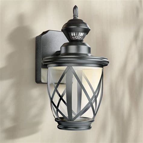 Beionxii outdoor pendant light | exterior hanging porch light, cast aluminum housing with tempered glass, textured black laluz outdoor pendant lights, farmhouse ceiling hanging porch fixture in black metal with clear bubbled glass globe in iron cage frame, exterior lantern for. Allure 13" High Black LED Motion Sensor Outdoor Wall Light ...