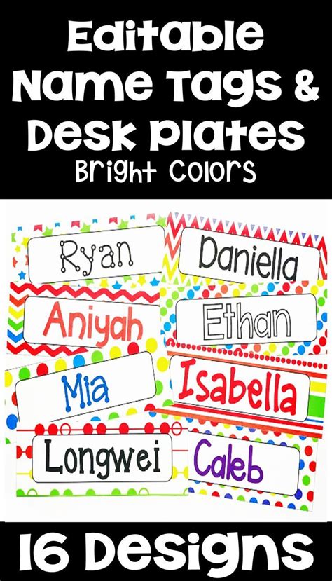 Editable Name Tags And Desk Plates In Bright Colors Middle School
