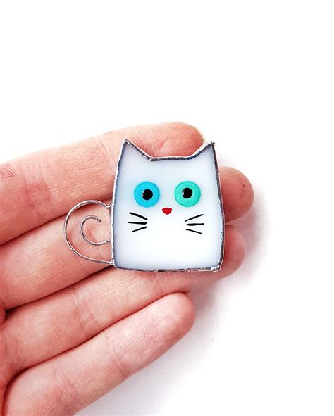 Cute Cat Pin Stained Glass Pin Cat Badge Cat Brooch White Cat Pin