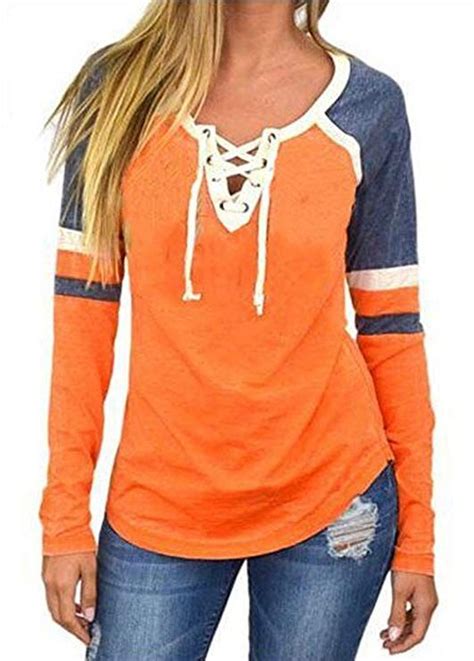 Famulily Womens Lace Up Front Long Sleeve Tops Striped Crew Neck Raglan Baseball Tee Shirt