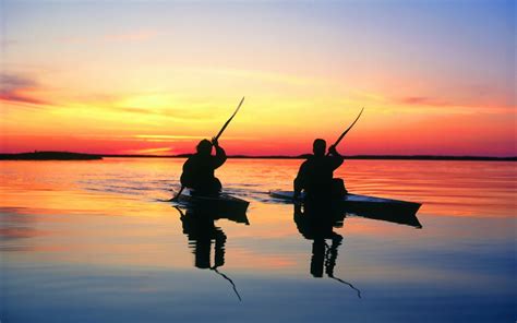 Two Sailboats Landscape Sunset Lake Canoes Hd Wallpaper Wallpaper