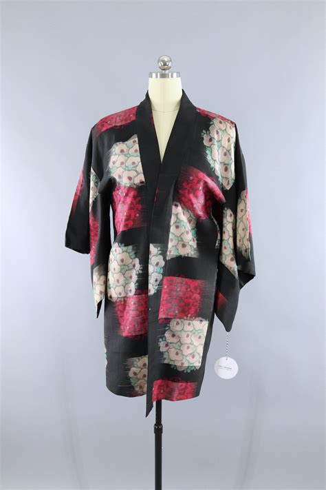 Vintage Silk Kimono Jacket Black And Pink Floral Ikat Silk Kimono
