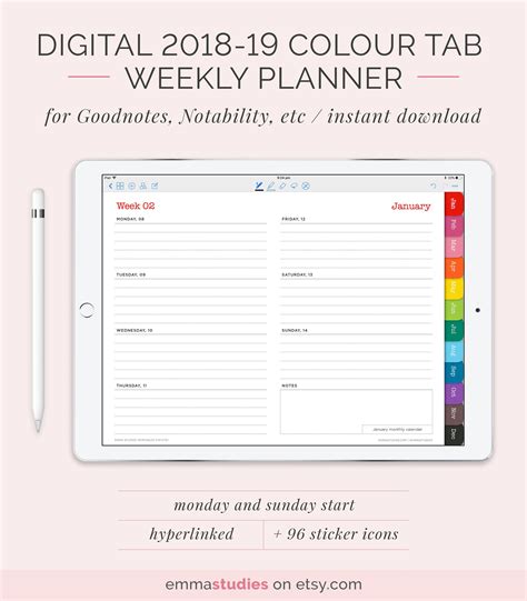 2018 19 Digital Weekly Planner With Coloured Tabs Digital Weekly