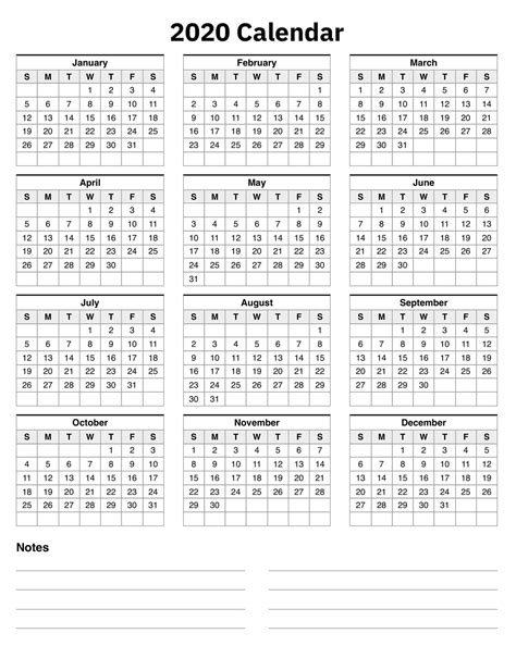 Free Printable Year At A Glance Calendar 2020