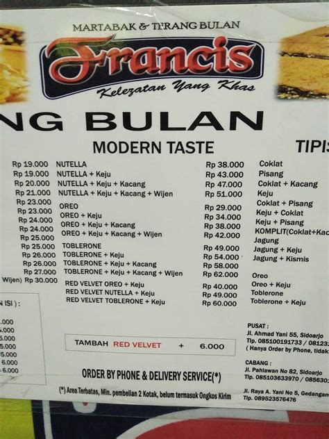 Menu At Martabak And Terang Bulan Francis Restaurant Sidoarjo Jl