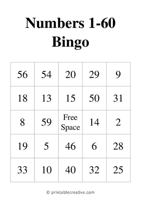 Numbers 1 60 Bingo Printable Bingo Cards