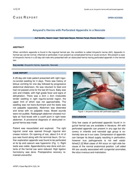 Pdf Amyands Hernia With Perforated Appendix In A Neonate
