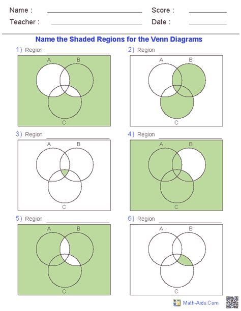 Venn Diagram Worksheets Name The Shaded Regions Using Three Sets