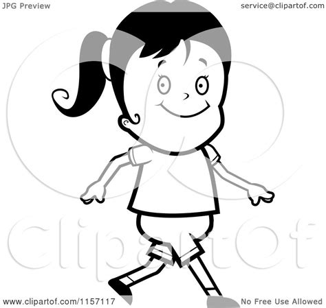 Cartoon Clipart Of A Black And White Happy Girl Walking