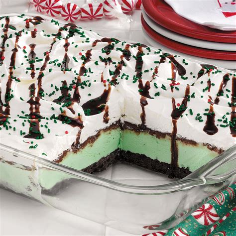 Had friends over for a ham dinner and this absolutely delicious cake was served for dessert. Festive Mint Cream Dessert Recipe | Taste of Home