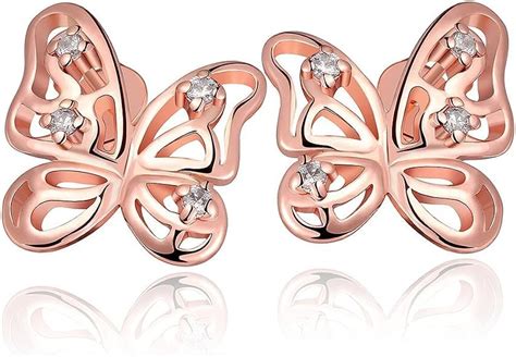 Amazon Com Rose Gold Butterfly Earrings With Rhinestone Accents Cute
