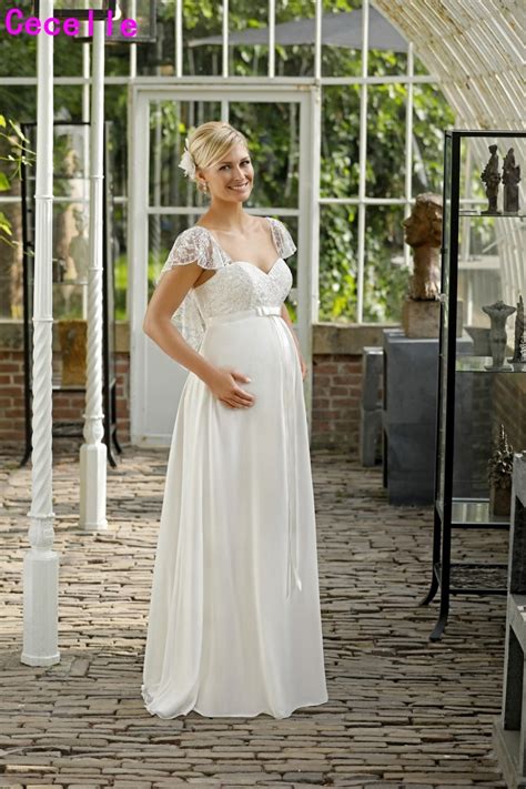 New Lace Chiffon A Line Floor Length Maternity Wedding Dresses 2019