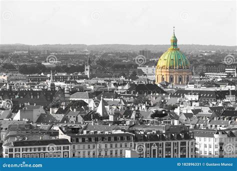 Aerial View Of Copenhagen Cityscape In Black And White With The Dome Of