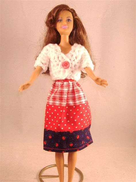 Handmade Barbie Red And Blue Patchwork Print Skirt And White Crocheted