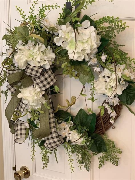 White Hydrangea Wreath For Front Door Garden Wreath Spring Etsy In