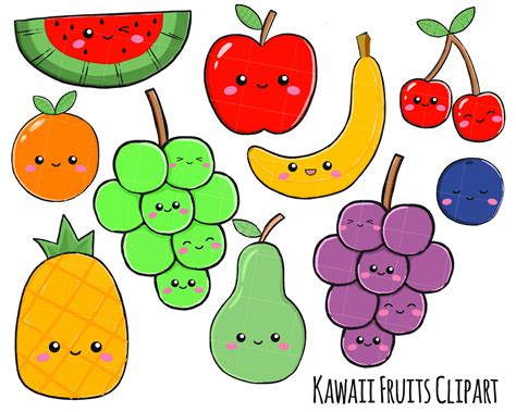 Vector Clipart Kawaii Fruits Cute Fruits Clipart Set Etsy Uk Kawaii