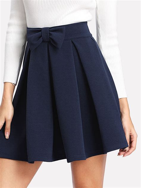 Bow Front Box Pleated Textured Skirt Blue Skirt Outfits Textured