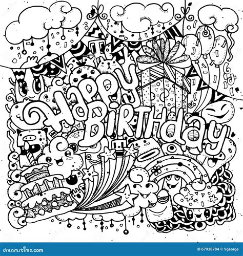 Happy Birthday Hand Drawn Sketch Set With Doodle Stock Vector Image