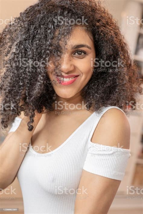 Beautiful Brazilian Woman Looking And Laughing At Camera Portrait Stock