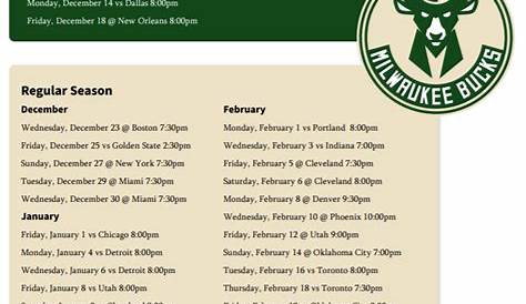 Printable Milwaukee Bucks game schedule for 2020-21 (and TV schedule