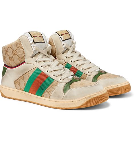 Gucci Screener Webbing Trimmed Distressed Leather And Monogrammed