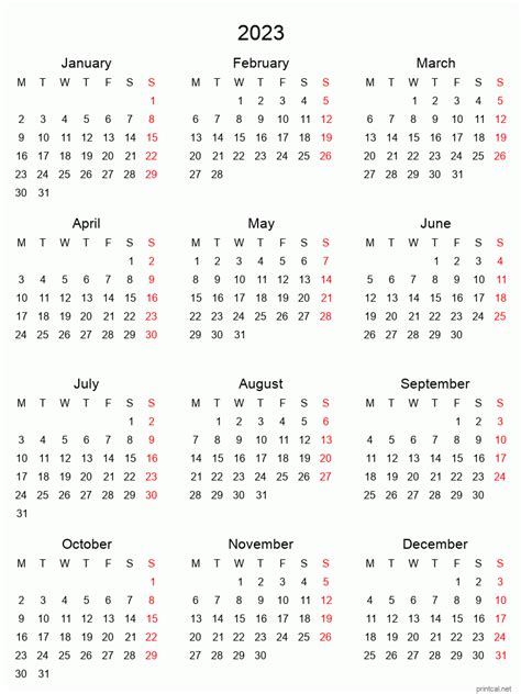 2023 Printable Calendar Yearly Calendar Tabular Style
