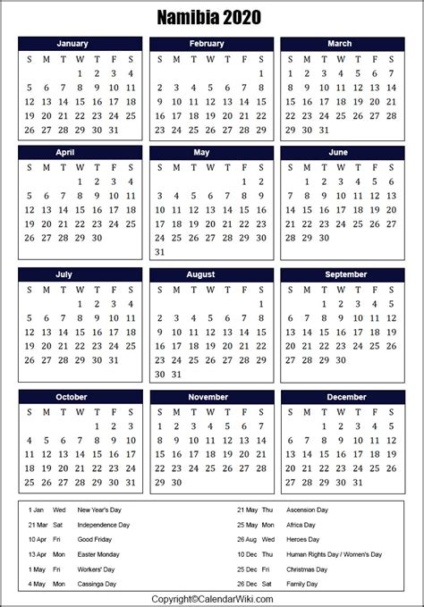 Printable Namibia Calendar 2020 With Holidays Public Holidays