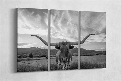 3 Panel Texas Longhorn Steer Black And White Canvas Leather Printlarge