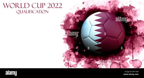 Soccer Ball With Flag Of Qatar Close Up Watercolor Effect On White