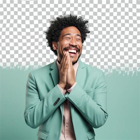 Premium Psd Southeast Asian Comedian Calm Kinky Haired Gentleman Poses In Playful Laughing