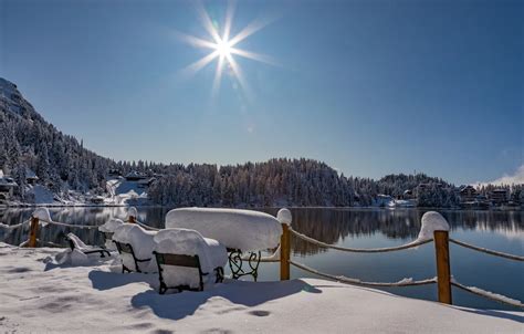 Wallpaper Photo The Sun Nature Winter The Fence Lake Austria