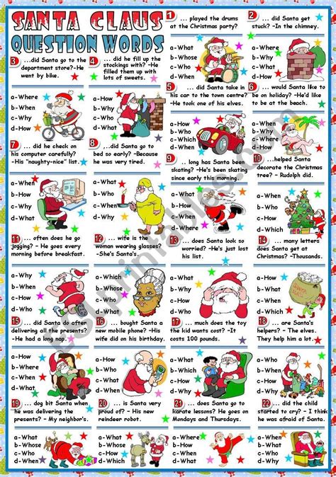 Santa Claus And Question Words Bandw Versionkey Included Esl
