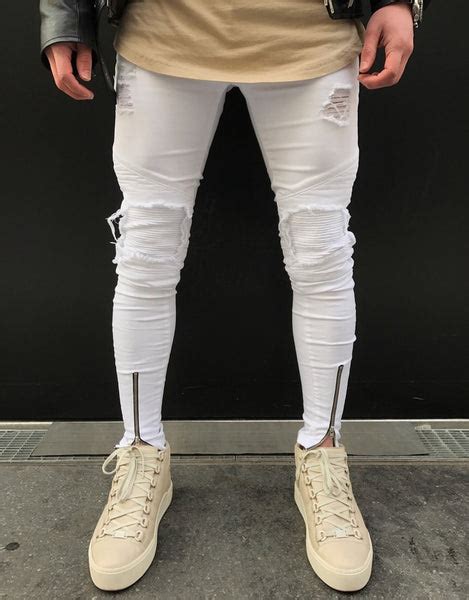 Premium White Ripped Skinny Ankle Zipper Jeans Mens Luxury Boutique