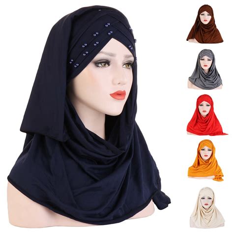 Women Plain Turban Bead Amira Hijab Scarf Head Wrap Pull On Instant