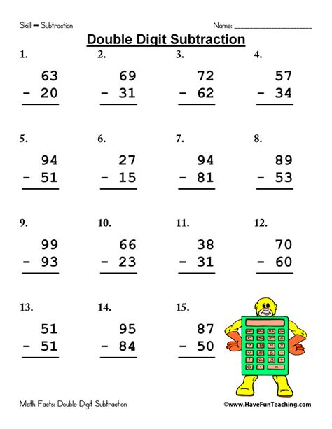 Subtraction 2 Digit Numbers Worksheet